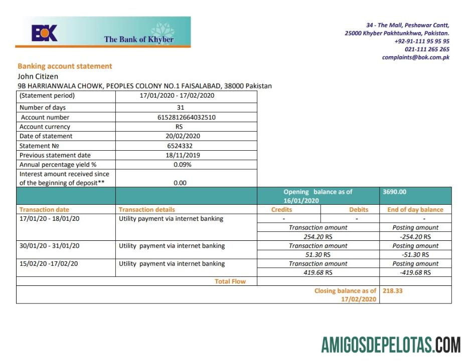 Modelo de extrato bancário do Paquistão The Bank Of Khyber